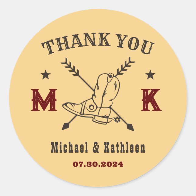Sticker Rond Mariage campagnard de monogramme des bottes de cow (Devant)