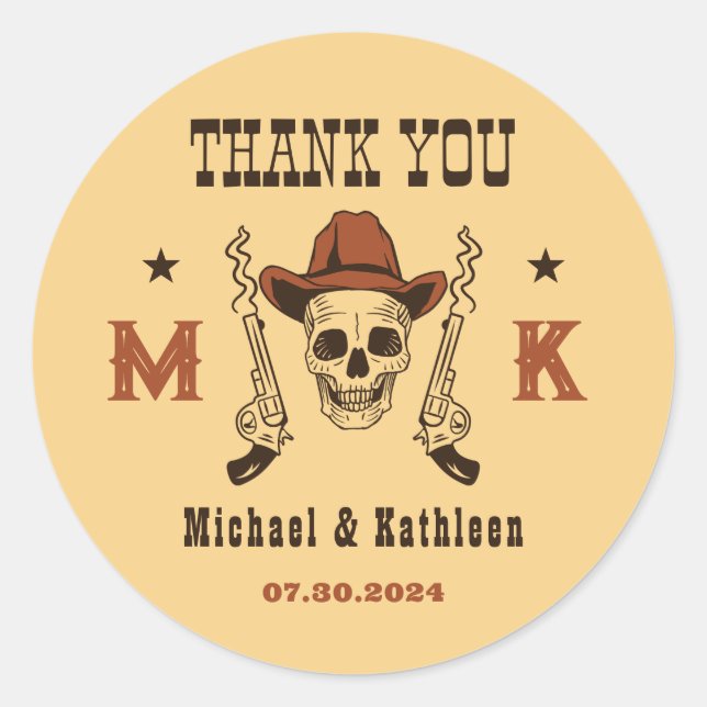 Sticker Rond Mariage campagnard de monogramme du crâne cowboy o (Devant)