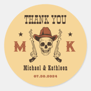 Sticker Rond Mariage campagnard de monogramme du crâne cowboy o
