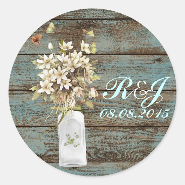 Sticker Rond mariage campagnard fleur sauvage en bois de grange (Devant)