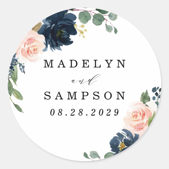 Sticker Rond Mariage campagnard floral bleu marine et rose pâle (Devant)