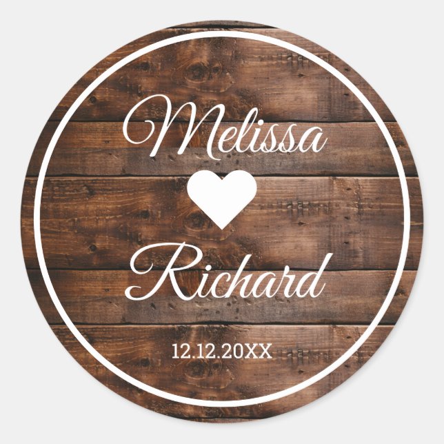 Sticker Rond Mariage campagnard rustique en bois de grange Favo (Devant)