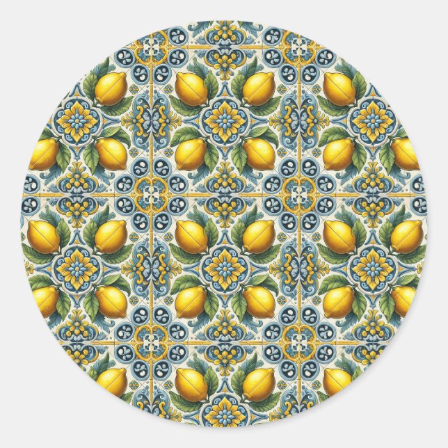 Sticker Rond Mariage carrelage méditerranéen Capri jaune bleu c (Devant)