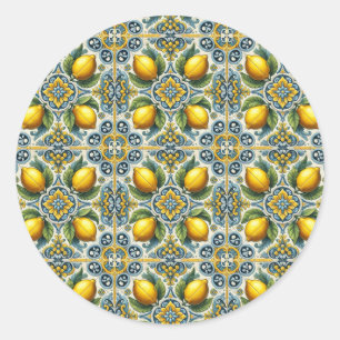 Sticker Rond Mariage carrelage méditerranéen Capri jaune bleu c