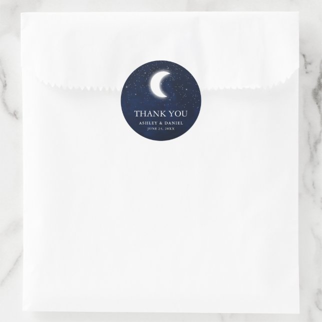 Sticker Rond Mariage céleste Blue Sky Moon étoiles Merci (Sac)
