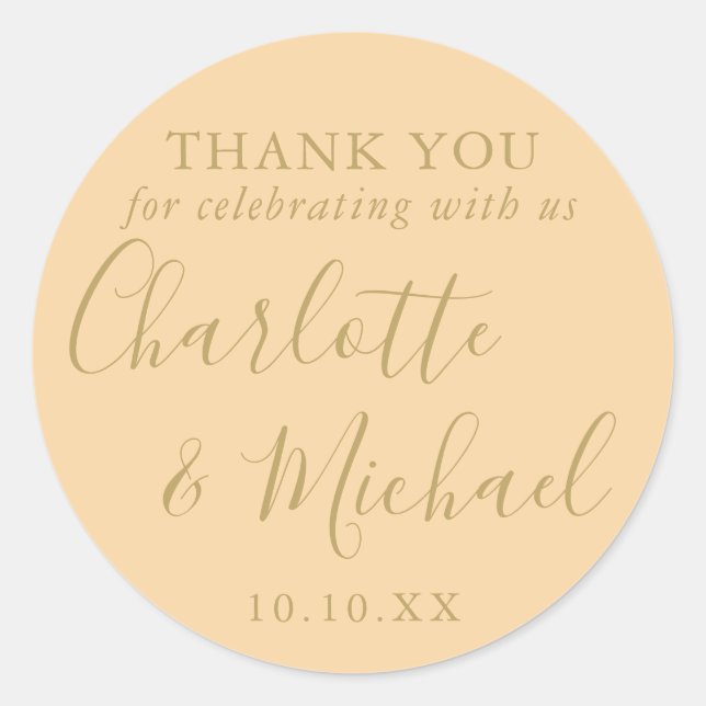 Sticker Rond Mariage Champagne Et Gold Script Favoriser Merci (Devant)