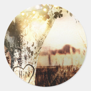 Sticker Rond Mariage champêtre avec arbre sculpté rustique et g