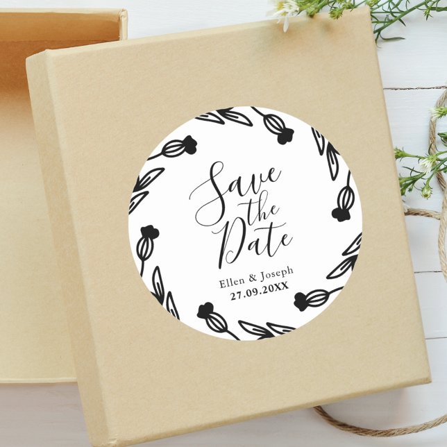 Sticker Rond Mariage Champêtre Fleurs Sauvages Faire-Part de Da (Folk wildflower sticker makes wedding announcements feel cozy and beautifully personal.)