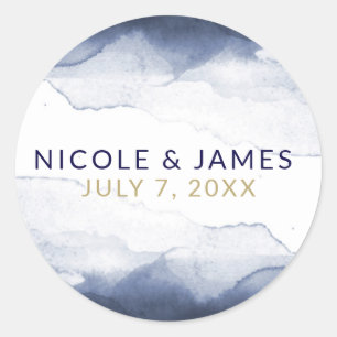 Sticker Rond Mariage chic moderne aquarelle bleu marine