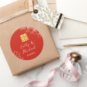 Sticker Rond Mariage chinois élégant moderne floral script roug