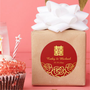 Sticker Rond Mariage chinois floral rose papier découpé rouge e
