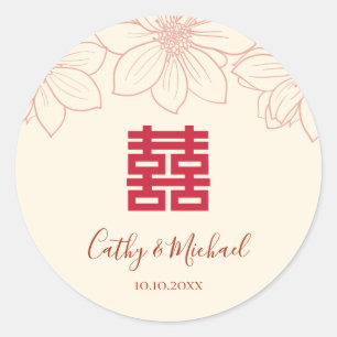 Sticker Rond Mariage chinois floral rouge et beige vintage
