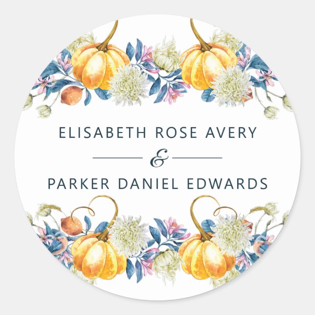 Sticker Rond Mariage Citrouille Floral Automne Personnalisé (Devant)
