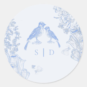 Sticker Rond Mariage Classique Fleurs Oiseaux Bleu Blanc França