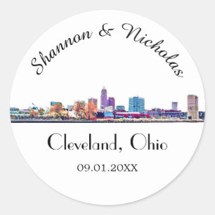 Sticker Rond Mariage Cleveland Skyline personnalisé