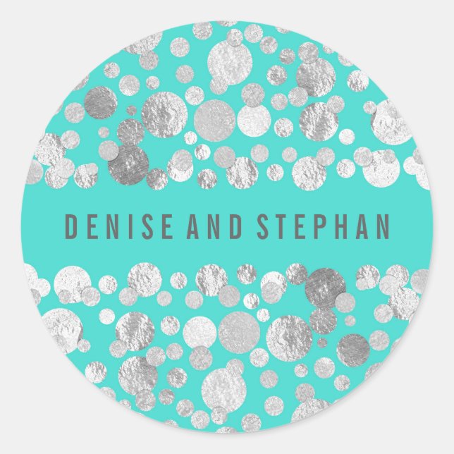 Sticker Rond Mariage Confetti turquoise et Argent (Devant)