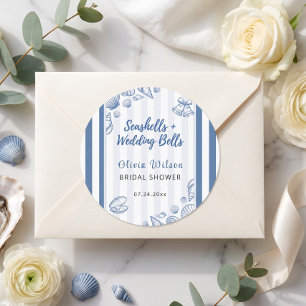 Sticker Rond Mariage Coquillages Fête de Mariée Bleu Nautique P