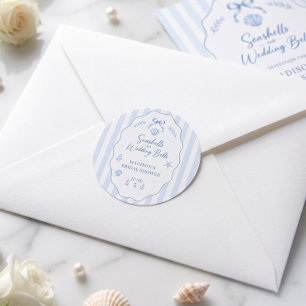 Sticker Rond Mariage Coquillages Fête de Mariée Ruban Rayé Bleu