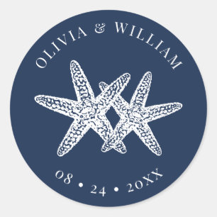 Sticker Rond Mariage côtier de la plage de Starfish Blue Navy