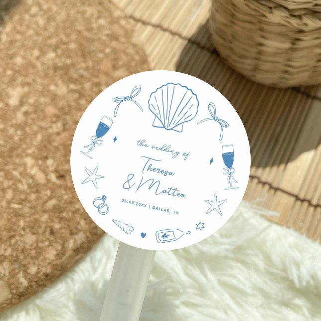 Sticker Rond Mariage côtier nautique de fantaisie tiré à la mai (Créateur téléchargé)