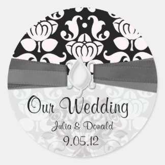 Sticker Rond mariage damassé florissante en noir et blanc