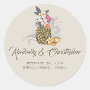 Sticker Rond Mariage d'ananas de plage tropical