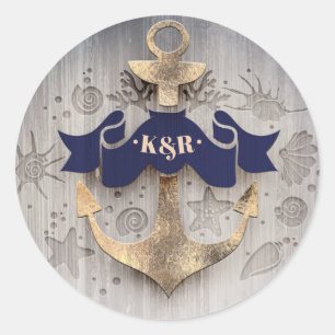 Sticker Rond Mariage d'Ancres nautiques de marine et d'or