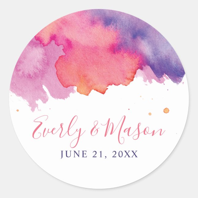 Sticker Rond Mariage d'aquarelle Abstraite rose et violet corai (Devant)