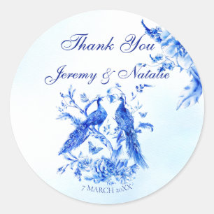 Sticker Rond Mariage d'aquarelle de paon royal bleu victorien