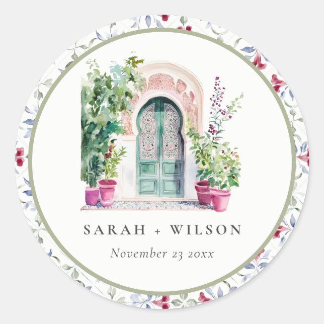 Sticker Rond Mariage d'aquarelle de porte marocaine tropicale (Devant)