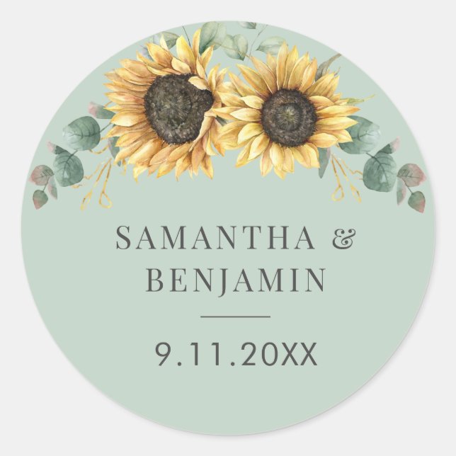 Sticker Rond Mariage d'aquarelle de tournesol Eucalyptus (Devant)