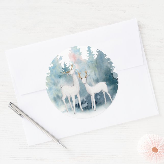 Sticker Rond Mariage d'aquarelle du cerf et du feuillage d'hive (Enveloppe)
