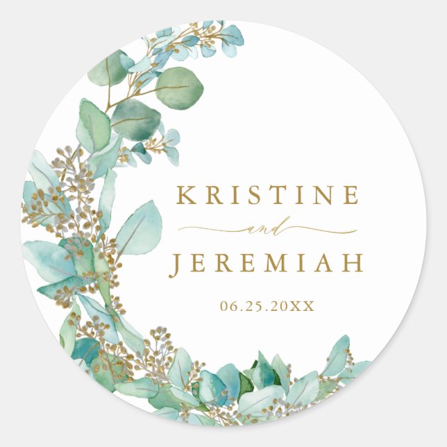 Sticker Rond Mariage d'aquarelle Eucalyptus Gold (Devant)