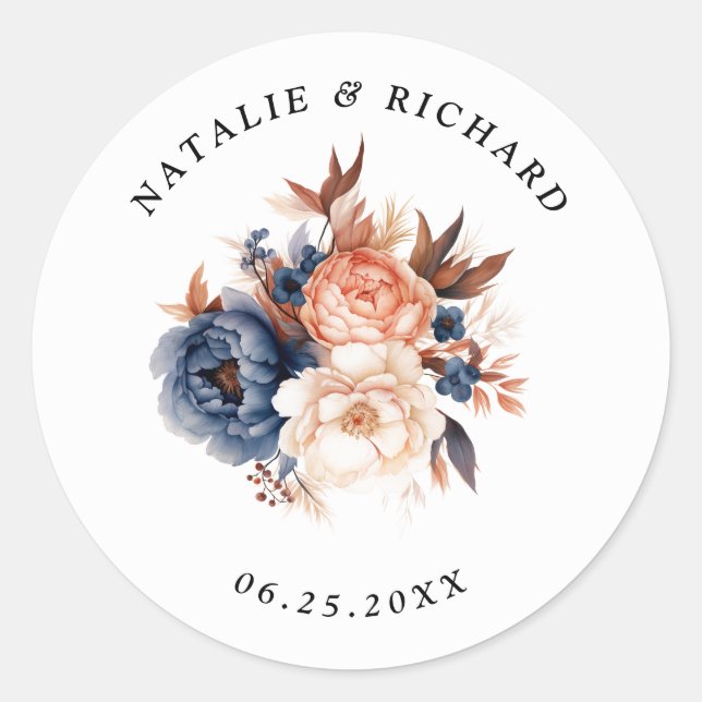 Sticker Rond Mariage d'aquarelle fleurie bleu et terre cuite (Devant)