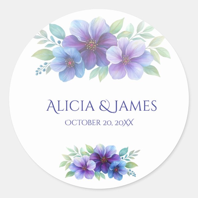 Sticker Rond Mariage d'aquarelle romantique bleu violet (Devant)