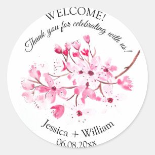 Sticker Rond Mariage d'aquarelle rose fleurs cerise