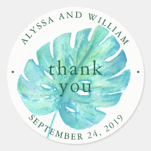 Sticker Rond Mariage d'aquarelle tropicale | Feuille bleue (Devant)