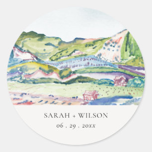 Sticker Rond Mariage d'aquarelle vif Mountain Scape