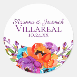 Sticker Rond Mariage d'aquarelle violet orange