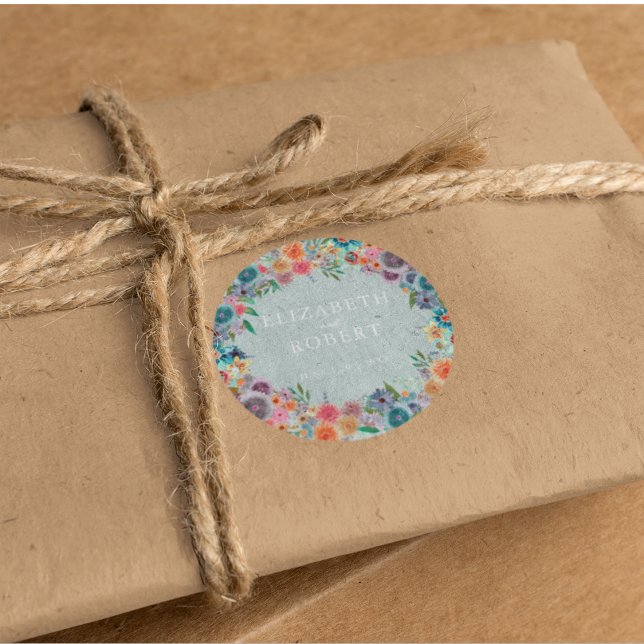 Sticker Rond Mariage d'aquarelle Whimsical Light Blue Fleur sau (Créateur téléchargé)