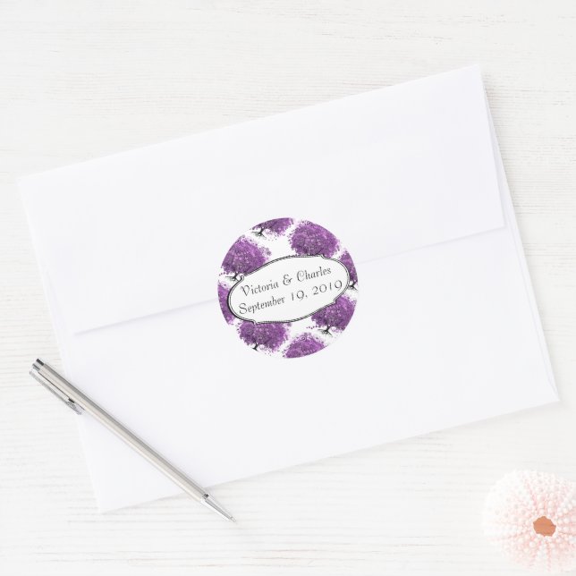 Sticker Rond Mariage d'arbre de feuilles de coeur violet Enregi (Enveloppe)