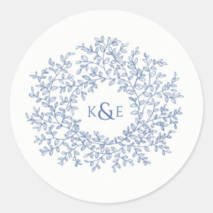 Sticker Rond Mariage d'art monogramme bleu classique à la main
