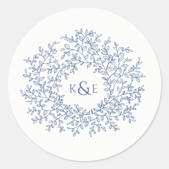 Sticker Rond Mariage d'art monogramme bleu classique à la main (Devant)