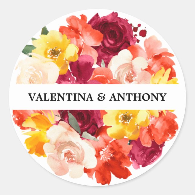 Sticker Rond Mariage d'automne floral rose orange Bourgogne (Devant)
