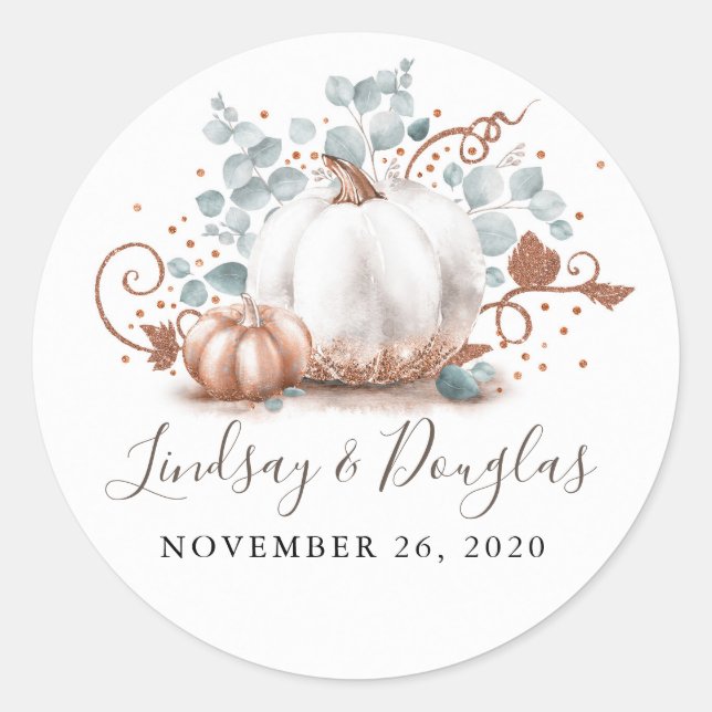 Sticker Rond Mariage de automne Citrouille rose or et blanc (Devant)
