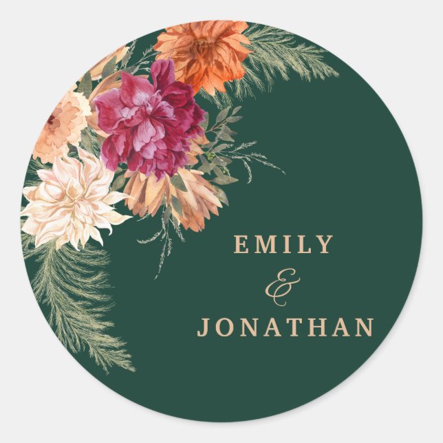 Sticker Rond Mariage de automne floral rustique vert émeraude (Devant)