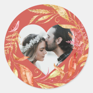 Sticker Rond Mariage de automne Foliage Coeur Photo Antique Whi