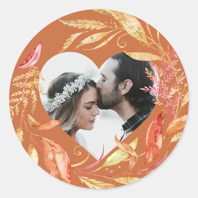 Sticker Rond Mariage de automne Foliage Heart Photo Burn Orange (Devant)