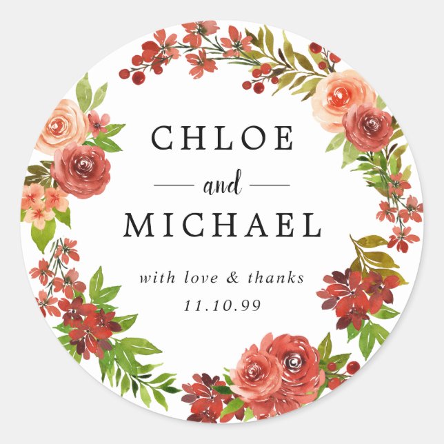 Sticker Rond Mariage de automne rouge et rose Favoriser le phoq (Devant)