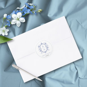 Sticker Rond Mariage de bordure en monogramme bleu élégant